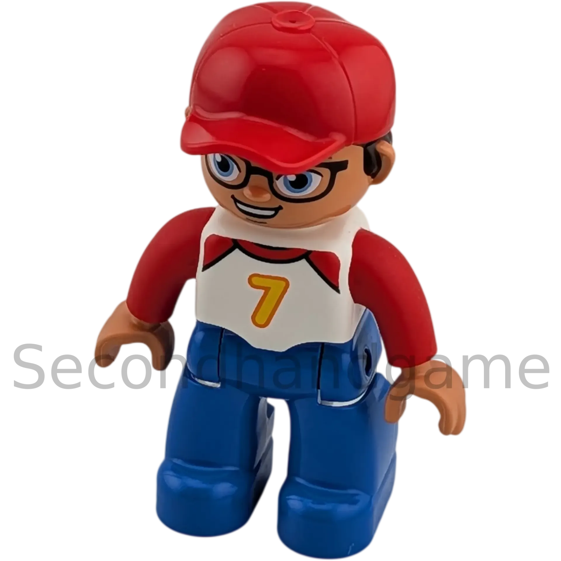Lego Duplo Mann mit roter Cape Brille Shirt mit Zahl Sieben, blaue Hose