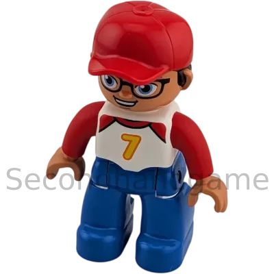 Lego Duplo Mann mit roter Cape Brille Shirt mit Zahl Sieben, blaue Hose