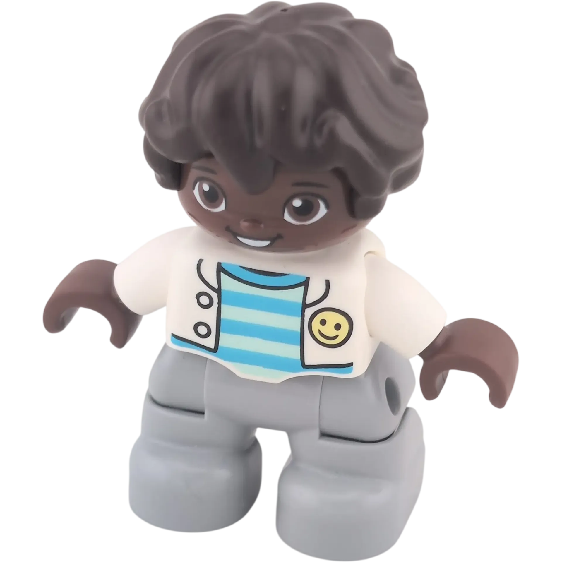 Lego Duplo 116H3 Junge Graue Hose Weiße Jacke mit Smiley blau gestreiftes Oberteil dunkler Teint