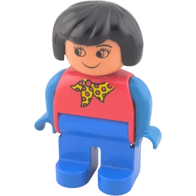 Lego Duplo 4555 Frau blaue Hose, Rotes Oberteil mit Halstuch schwarze Haare lange Wimpern