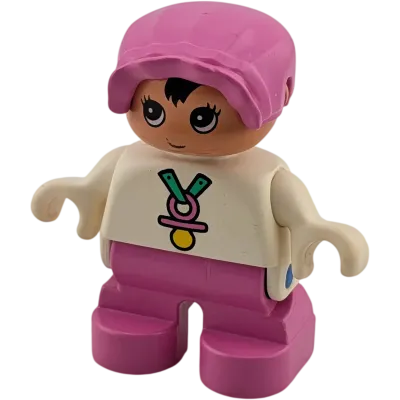 Lego Duplo Kind Mädchen Baby mit pinker Haube und pinker Hose, Schnullerkette