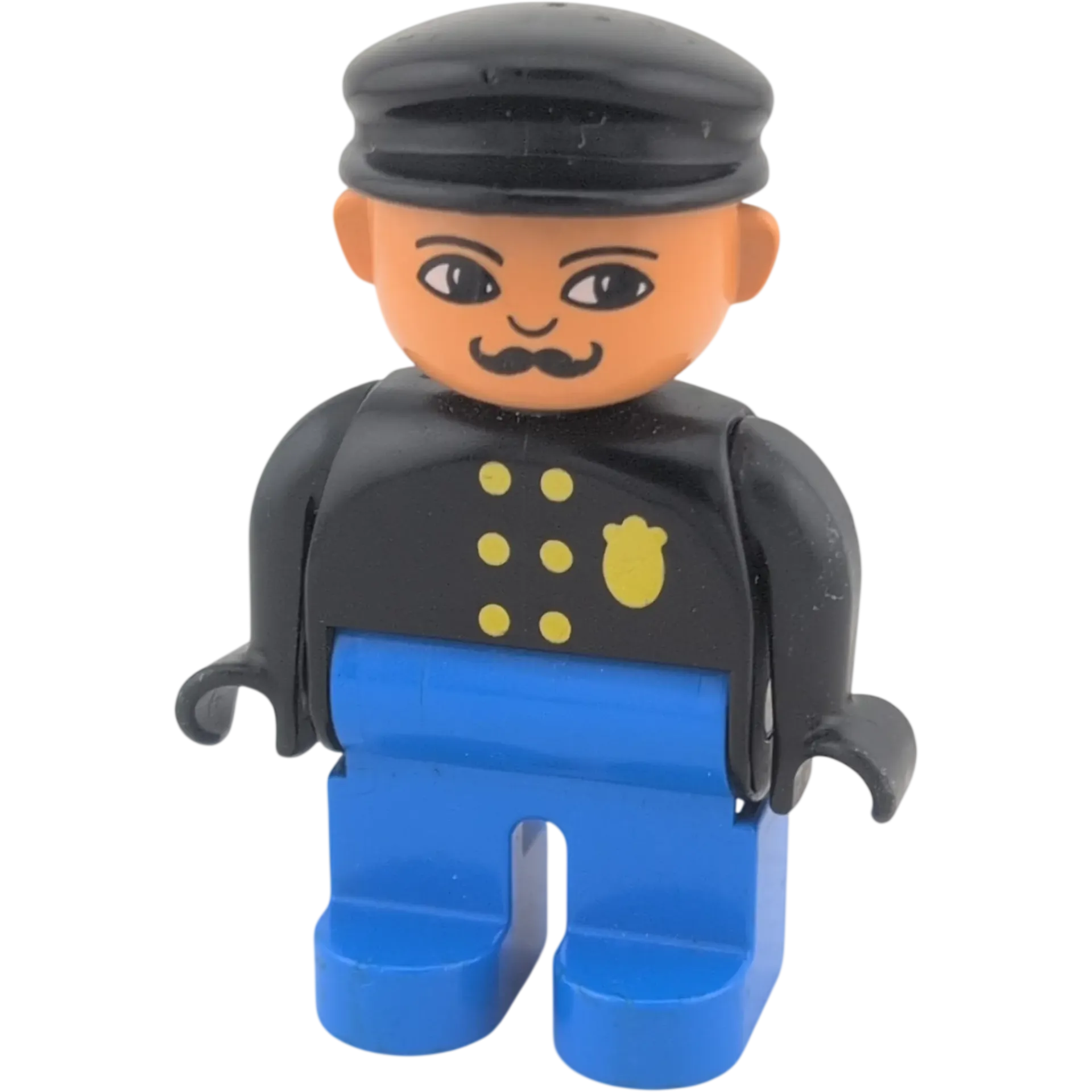 Lego Duplo 4555 Mann Polizist Sheriff mit Marke, blaue Hose, schwarze Basecap, schwarzes Oberteil mit Knöpfen Schnurrbart