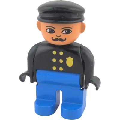 Lego Duplo 4555 Mann Polizist Sheriff mit Marke, blaue Hose, schwarze Basecap, schwarzes Oberteil mit Knöpfen Schnurrbart