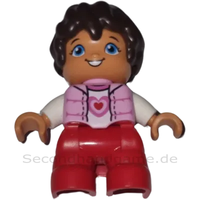 Lego Duplo Figur Kind 435H8 Mädchen Braune Haare Rote Hose Rosa Jacke