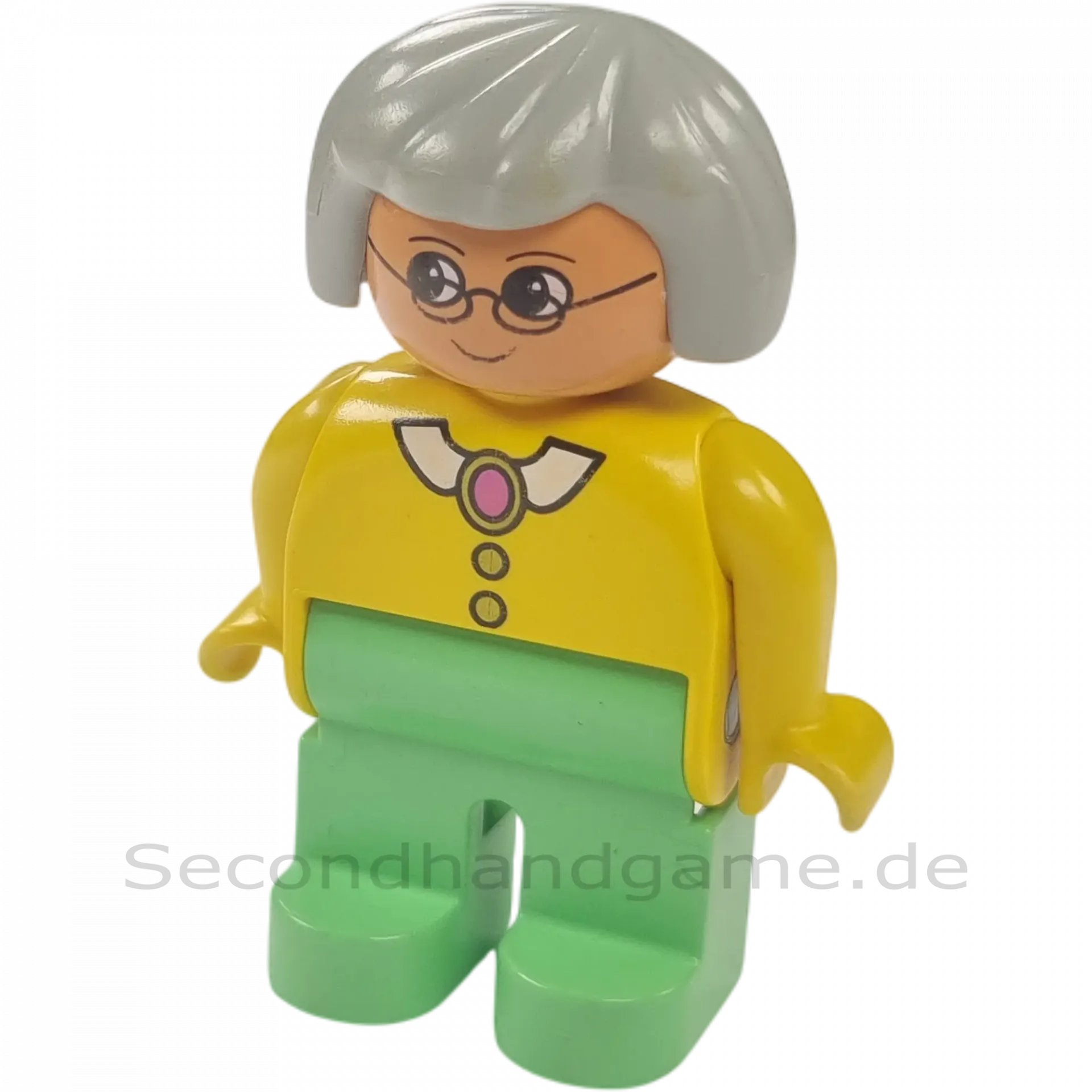 Lego Duplo Figur Frau Oma Graue Haare Brille Grüne Hose Gelbes Oberteil