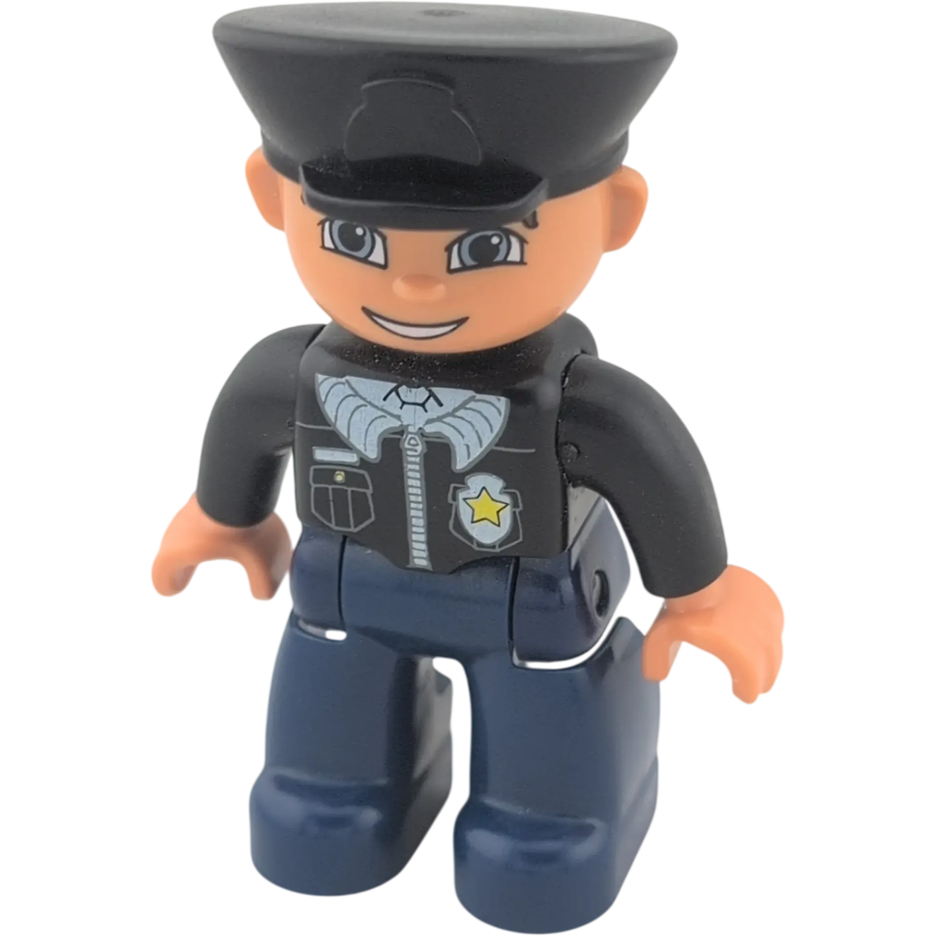 Lego Duplo Mann Polizist schwarze Mütze, schwarze Jacke mit Sheriffstern, blaue Hose, blaue Augen