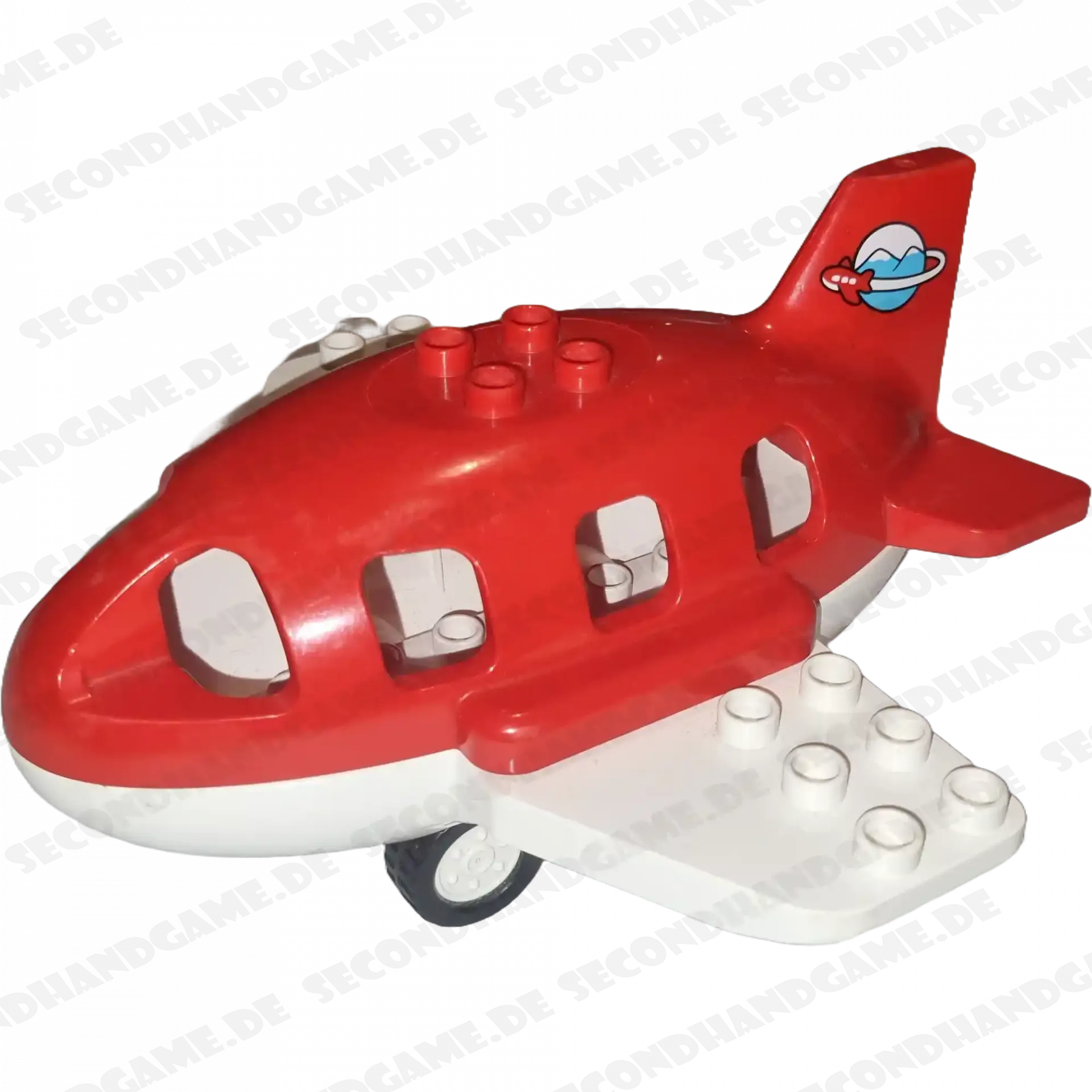 Lego Duplo Flugzeug Rot Weiß mit Erde auf dem Heck Räder Weiß