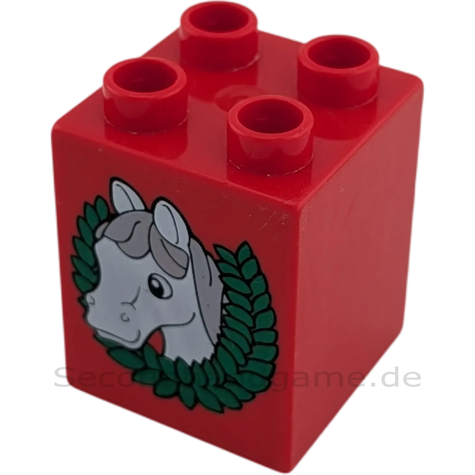 Lego Duplo 2x2x2 Doppelstein Rot Pferd mit Kranz Pferderennen Pferdewette