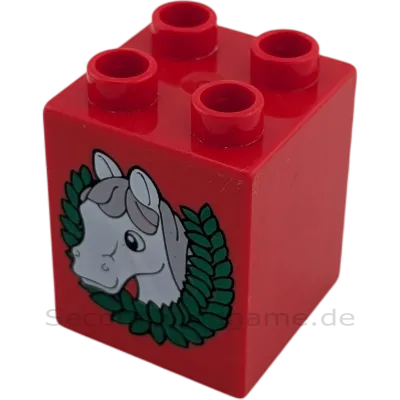 Lego Duplo 2x2x2 Doppelstein Rot Pferd mit Kranz Pferderennen Pferdewette