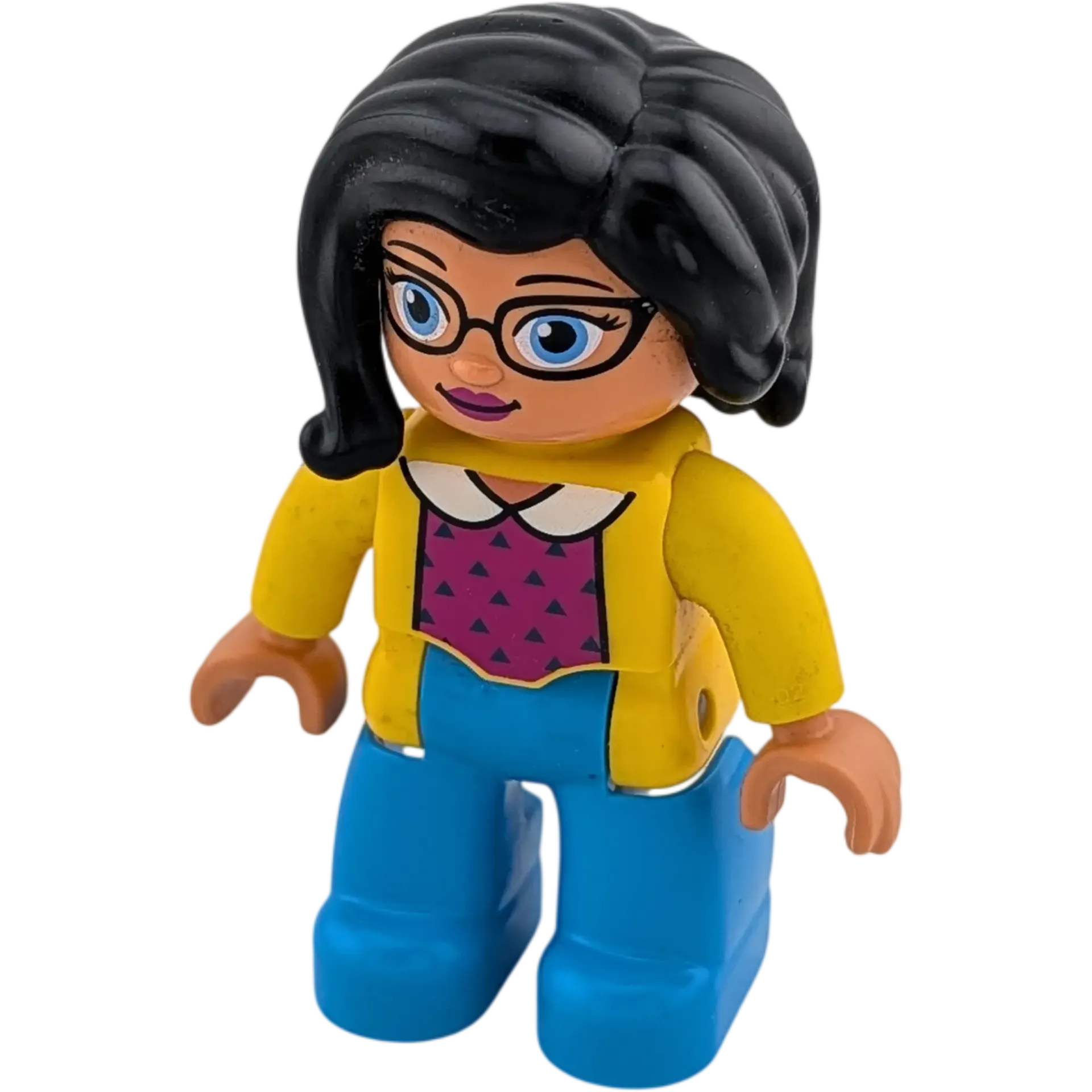 Lego Duplo 438H8 Frau mit Brille, gelber Jacke, Haar Schwarz, Blaue Hose