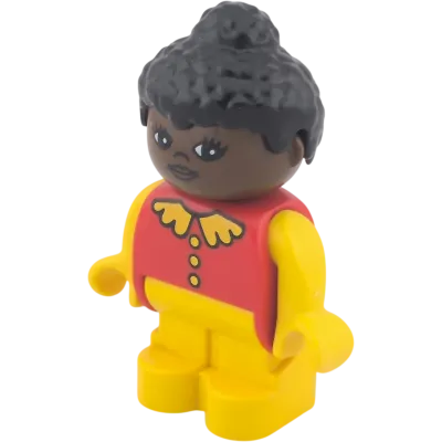 Lego Duplo Figur Mädchen Kleinkind brauner Teint gelber Kragen rotes Oberteil