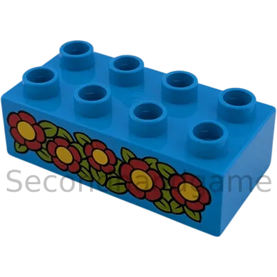 Lego Duplo Baustein 2x4 Mittelblau mit Rot Gelben Blumen