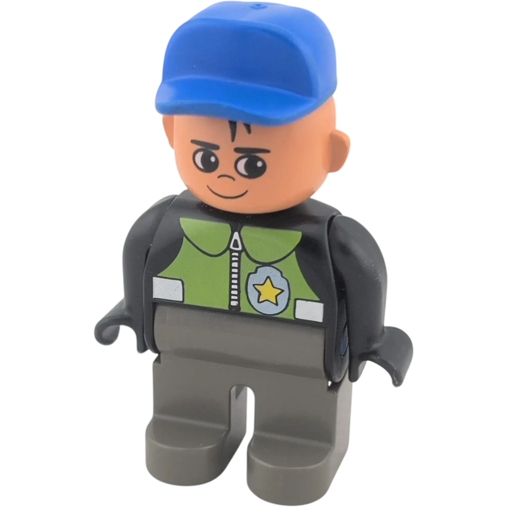 Lego Duplo Polizist schwarzer Anzug mit Sheriffstern, graue Hose, blaue Cape