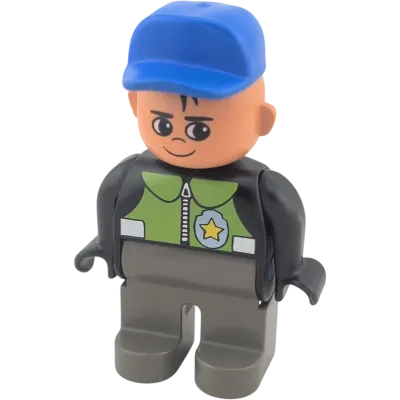 Lego Duplo Polizist schwarzer Anzug mit Sheriffstern, graue Hose, blaue Cape