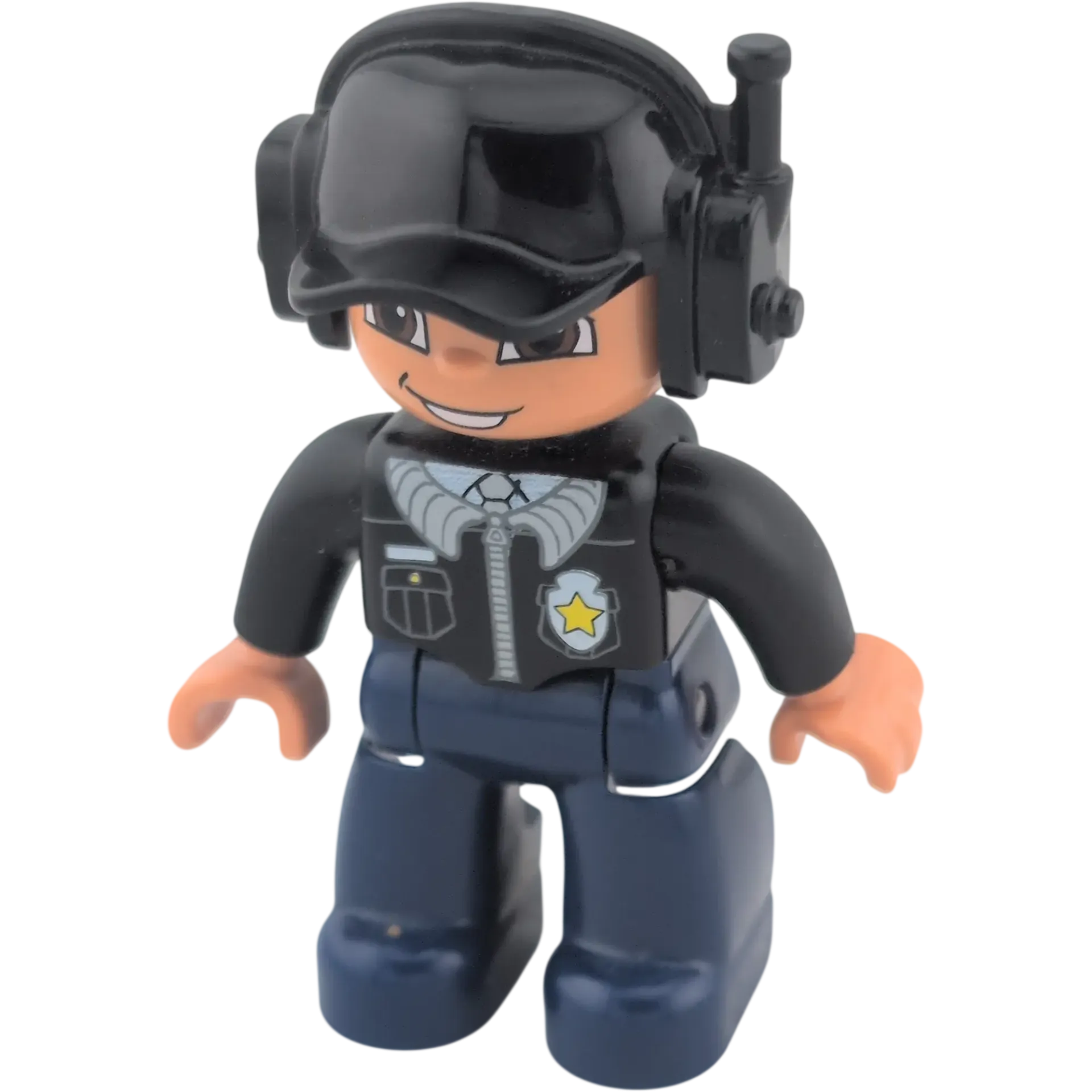 Lego Duplo Mann Polizist schwarze Jacke mit Sheriffstern, blaue Hose, braune Augen, Headset, Walkie Talkie