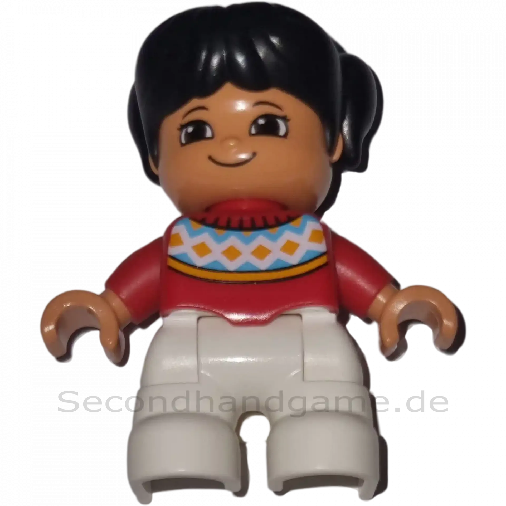 Lego Duplo Figur Kind 445H5 Mädchen mit schwarzen Zöpfen Roter Pulli Weiße Hose