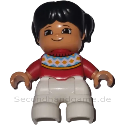 Lego Duplo Figur Kind 445H5 Mädchen mit schwarzen Zöpfen Roter Pulli Weiße Hose