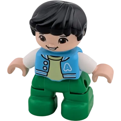 Lego Duplo Figur Junge Grüner Hose Hellblaue Jacke mit A-Team schwarze Haare