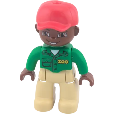 Lego Duplo 737H2 Zoomitarbeiter Tierpfleger grünes Hemd, rote Basecap, beige Hause, dunkler Teint