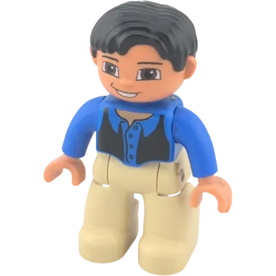 Lego Duplo 324H2 Mann mit blauem Hemd, Weste schwarz, beige Hose, schwarze kurze Haare