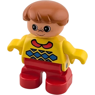 Lego Duplo Figur Junge Kleinkind braune Haare gelbes Oberteil mit blauem Rautenmuster roter Kragen rote Hose