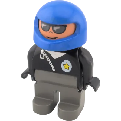 Lego Duplo Mann Polizist schwarze Jacke mit Sheriffstern, graue Hose, Sonnenbrille Motorradhelm