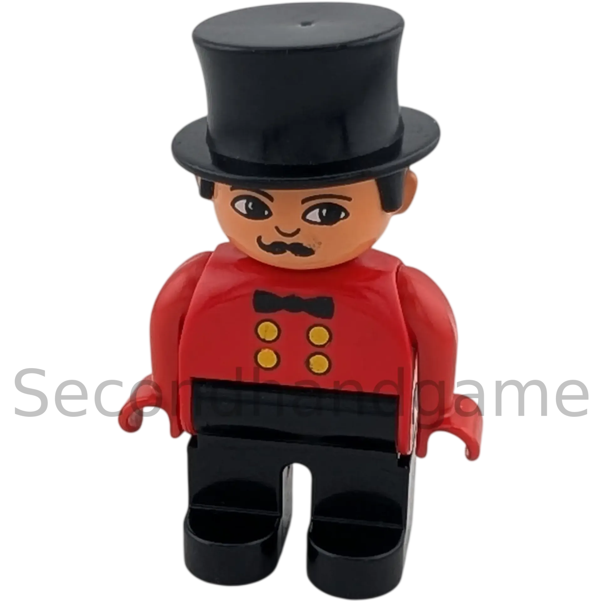 Lego Duplo Figur Mann 4555 Zirkusdirektor schwarzer Zylinder Schnauzbart, rotes Hemd Fliege schwarze Hose