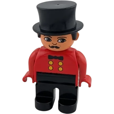 Lego Duplo Figur Mann 4555 Zirkusdirektor schwarzer Zylinder Schnauzbart, rotes Hemd Fliege schwarze Hose