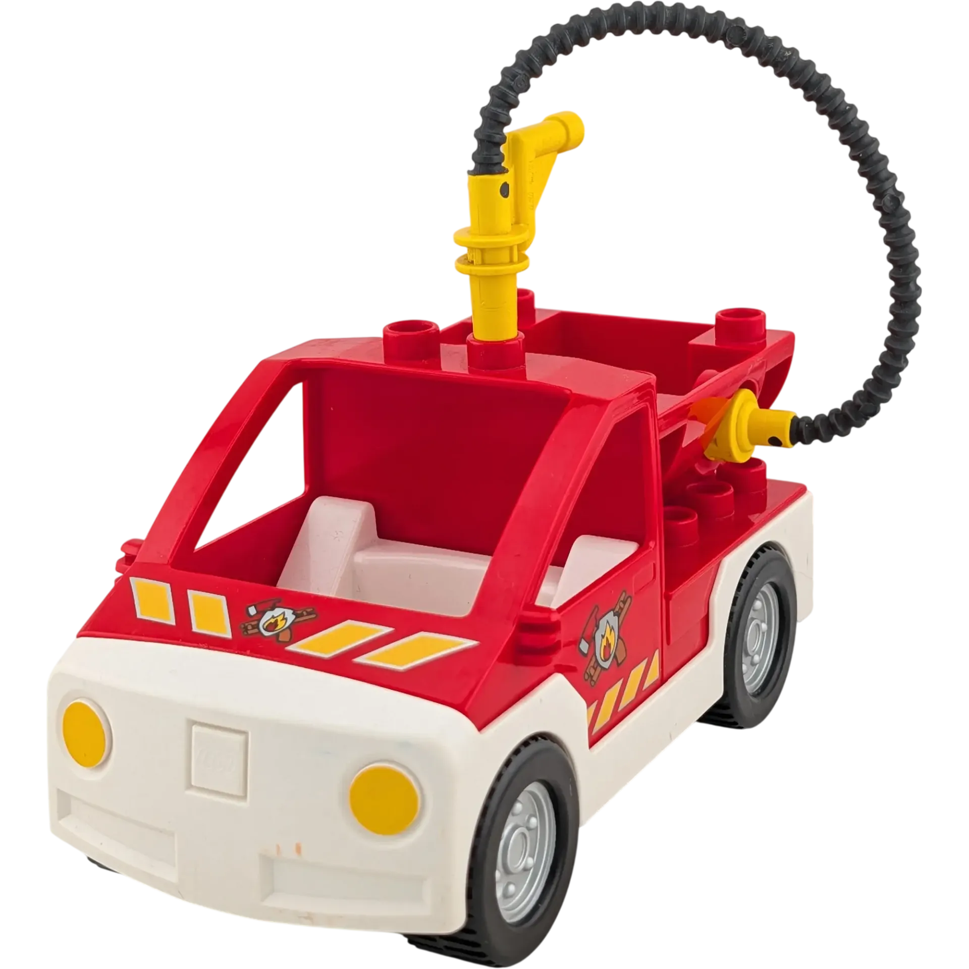 Lego Duplo Feuerwehrauto Jeep Rot mit Container auf der Ladefläche und Feuerwehrschlauch