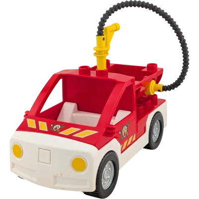 Lego Duplo Feuerwehrauto Jeep Rot mit Container auf der Ladefläche und Feuerwehrschlauch