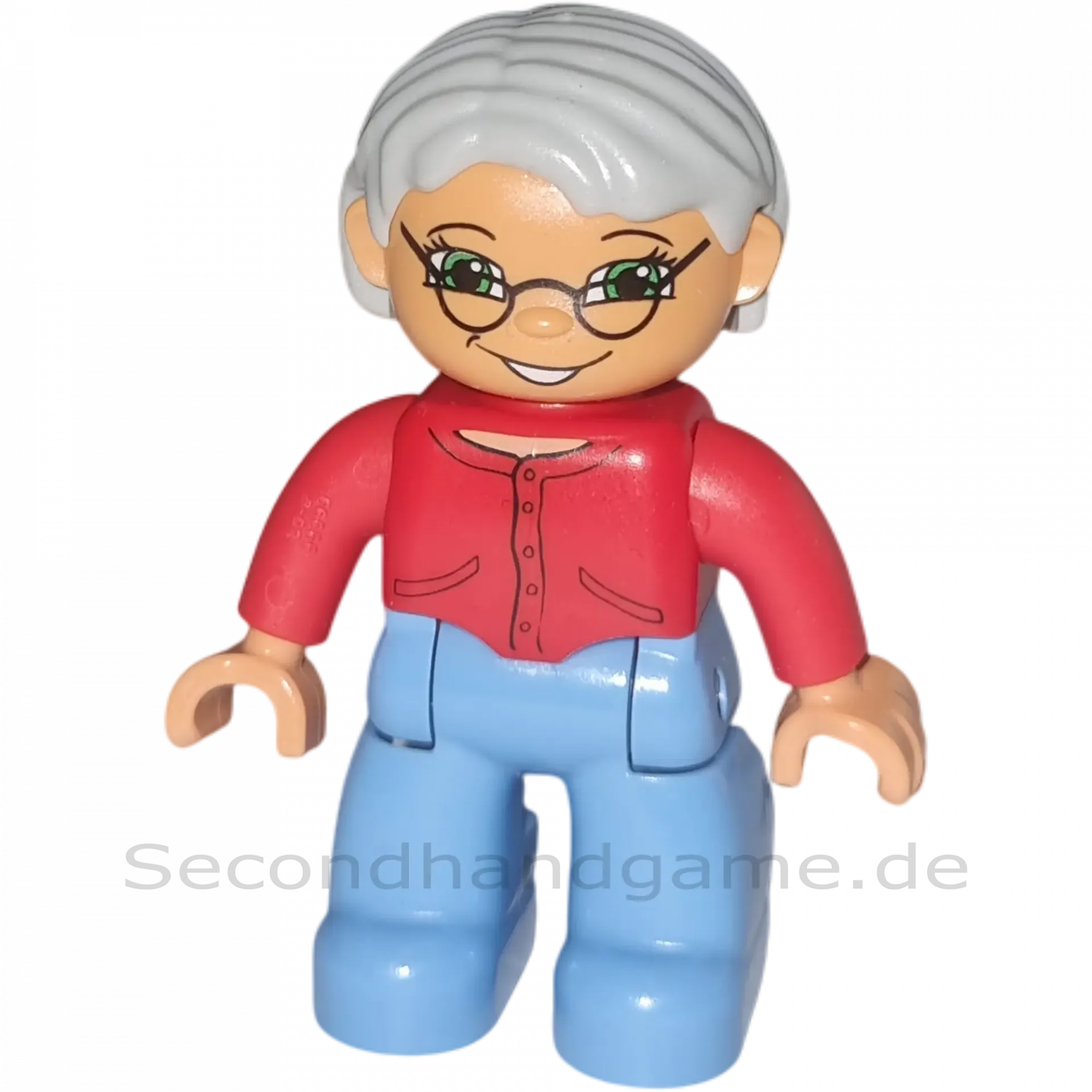Lego Duplo Figur Frau Oma Graue Haare Brille Blaue Hose Rote Strickjacke