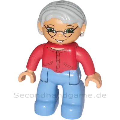 Lego Duplo Figur Frau Oma Graue Haare Brille Blaue Hose Rote Strickjacke