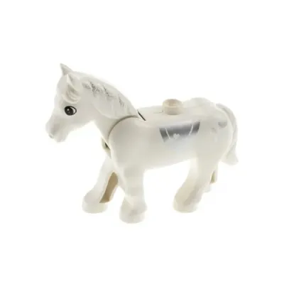 Lego Duplo Pferd weiß mit beweglichem Kopf und silbernem Sattel B-Ware