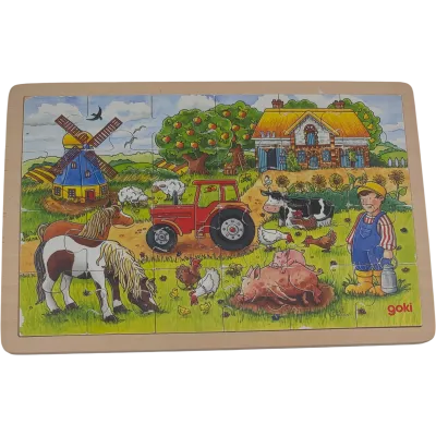 Goki Holzpuzzle Bauernhof Mühle Pferde Tiere 24 Teile, ab 3 Jahren Rahmenpuzzle aus Holz