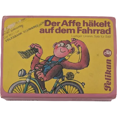 Pelikan der Affe häkelt auf dem Fahrrad Lustiger Unsinn, Satz für Satz