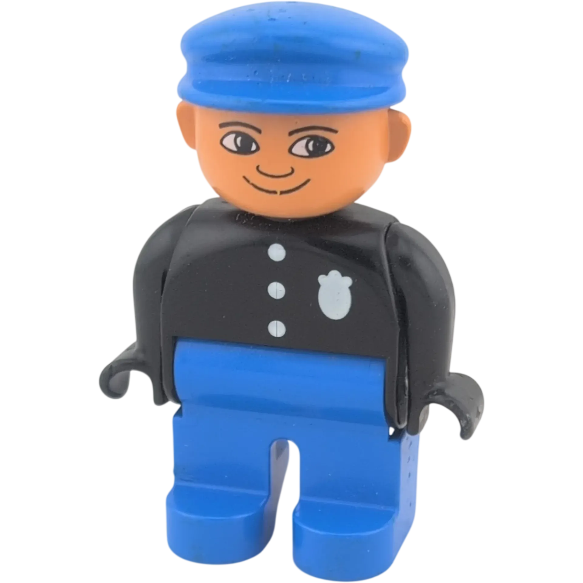 Lego Duplo 4555 Mann Polizist Sheriff mit Marke, blaue Hose, blaue Basecap, schwarzes Oberteil mit Knöpfen