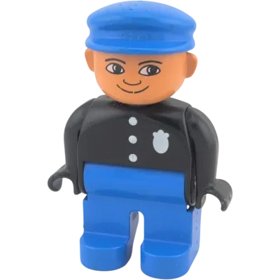 Lego Duplo 4555 Mann Polizist Sheriff mit Marke, blaue Hose, blaue Basecap, schwarzes Oberteil mit Knöpfen