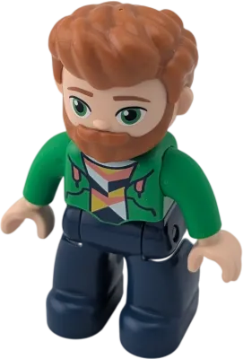 Lego Duplo 145H4 Mann mit Dunkelblaue Hose, grüne Jacke, Bart Rotbraune Haare