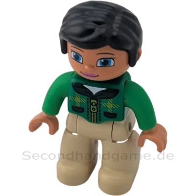 Lego Duplo 142H5 Frau mit beiger Hose und grüner Jacke, schwarzem Zopf, Lippenstift