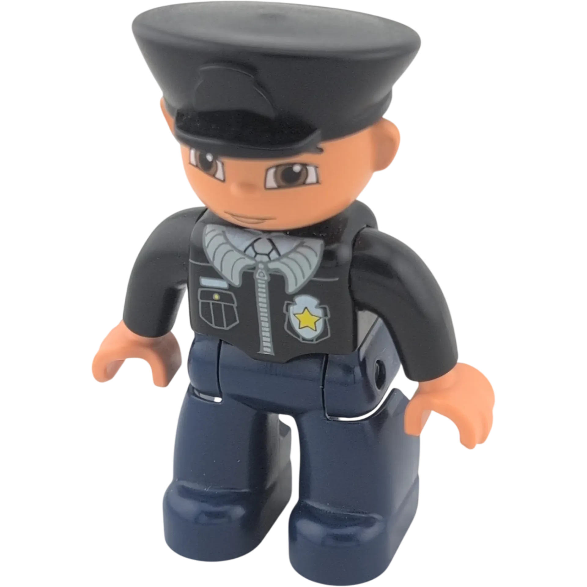 Lego Duplo Mann Polizist schwarze Mütze, schwarze Jacke mit Sheriffstern, blaue Hose, braune Augen