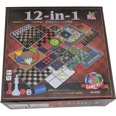 Spielesammlung 12 in 1 Backgammon, Halma, Ludo, Mühle, Schach, Dame, Solitaire, Gänsespiel und Leiterspiel.
