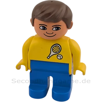 Lego Duplo 4555 Mann braune Haare, gelbes Oberteil mit Tennis, blaue Hose