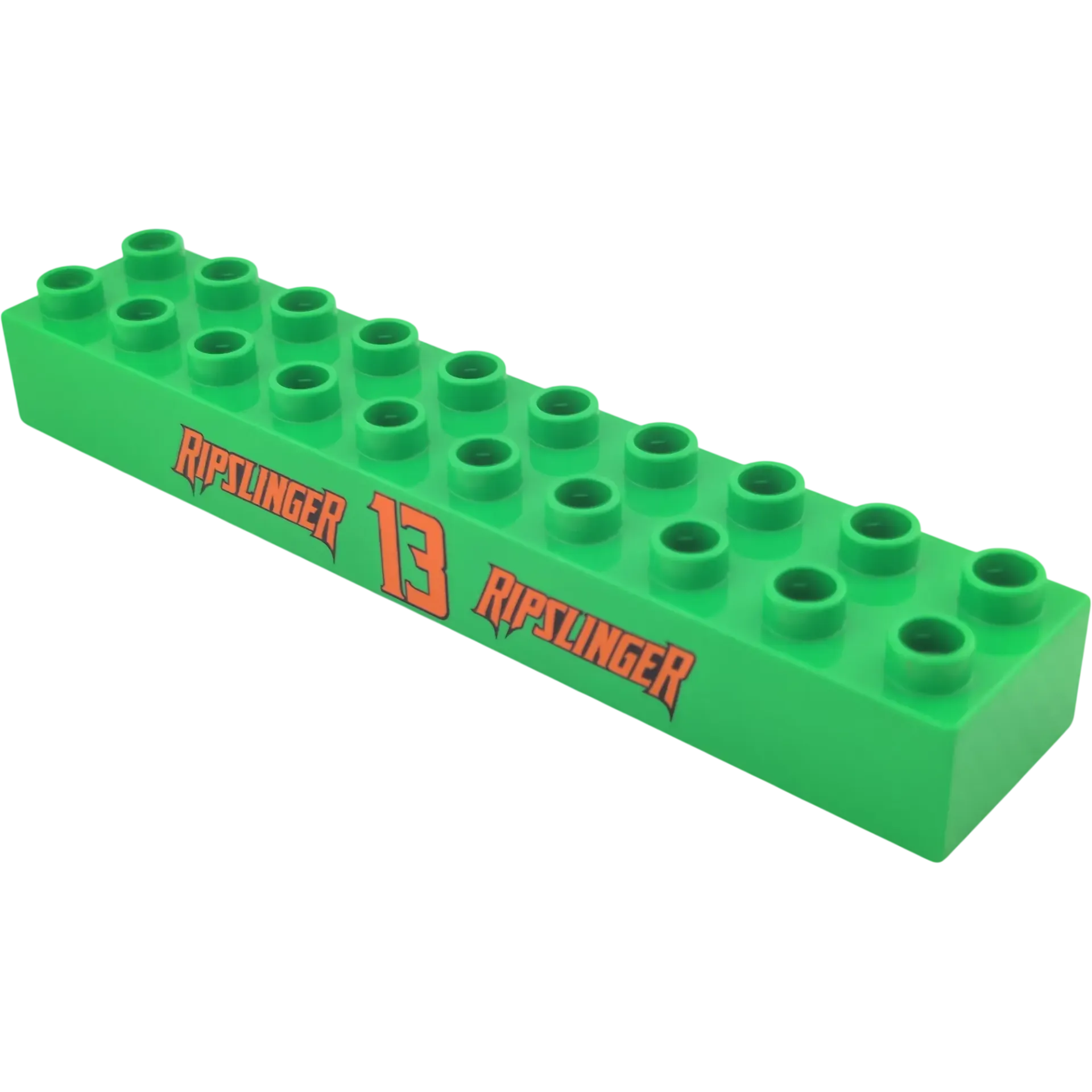 Lego Duplo 2x10 Baustein 2291 Mittelgrün mit der Aufschrift Ripslinger 13