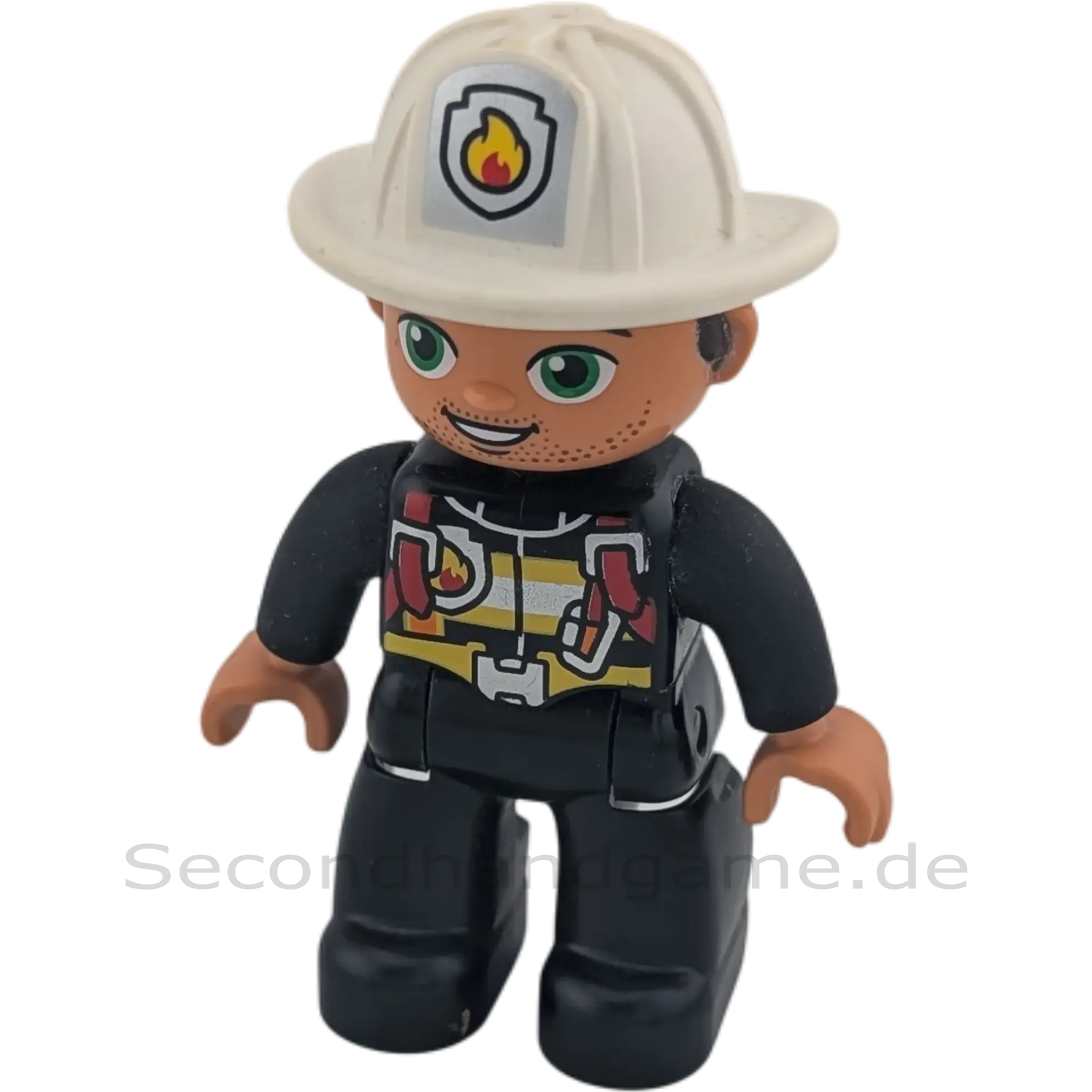 Lego Duplo 443H8 Feuerwehrmann schwarzer Anzug, weißer Helm, roter Sicherheitsgurt Bartstoppeln