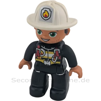Lego Duplo 443H8 Feuerwehrmann schwarzer Anzug, weißer Helm, roter Sicherheitsgurt Bartstoppeln